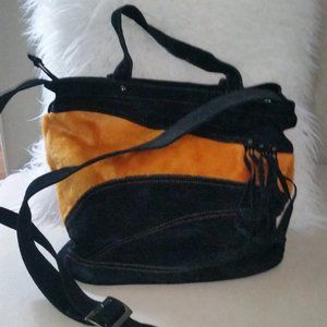 Black suede with yellow dyed fur crossbody bag NWOT